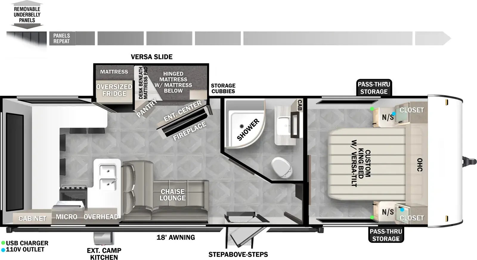 The 24VIEW has one slideout and one entry. Exterior features removable underbelly panels, pass-thru storage, StepAbove entry steps, exterior camp kitchen, and an 18 foot awning. Interior layout front to back: custom king bed with versa-tilt, overhead cabinet and closet with night stand on each side; off-door side full bathroom; door side entry, and chaise lounge; off-door side versa slideout features a hinged mattress with mattress below, pantry, storage cubbies, desk beneath mattress pad behind an entertainment center with fireplace, and oversized refrigerator; rear kitchen with peninsula kitchen counter that wraps all around the from door-side around the back to the off-door side with sink, overhead cabinet, microwave, cooktop, and barstools.